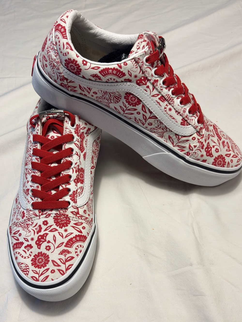 Vans Customs Old Skool Platform Sneakers "Year Of The Tiger" Red White | US 9.5